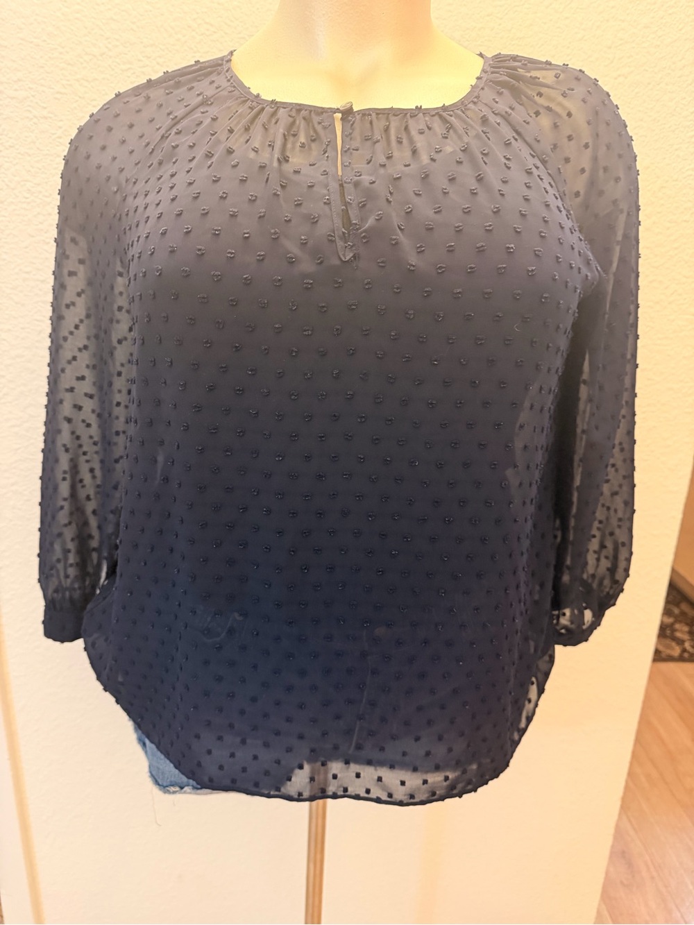 J. Crew Navy Swiss Dot Peasant Blouse